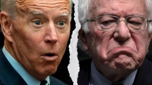 A split image of Joe Biden and Bernie Sanders