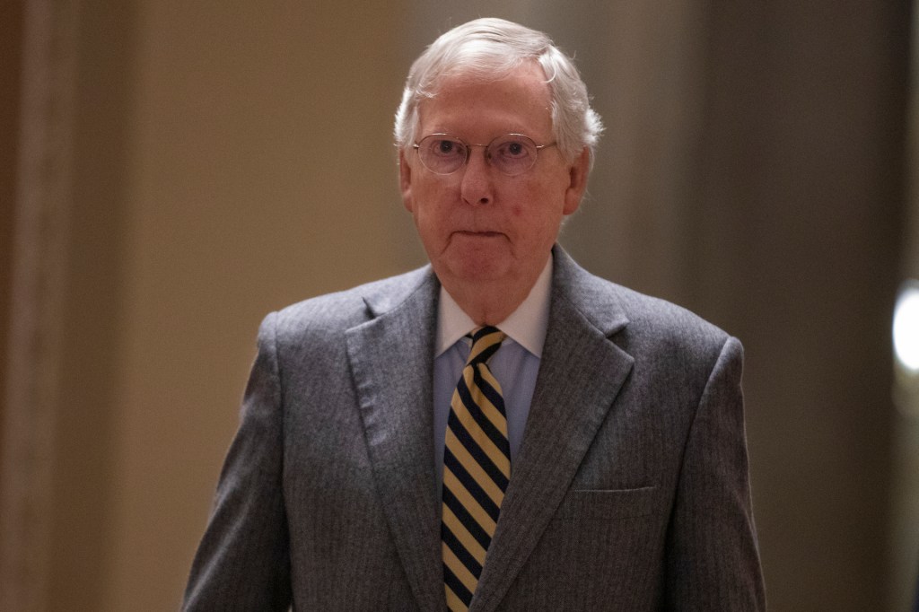 Senate Majority Leader Mitch McConnell (R-KY) heads back to the Senate floor following a recess in the Senate impeachment trial of President Donald Trump on January 27, 2020 in Washington, DC.