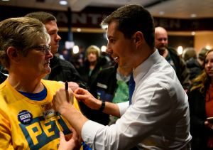 Democratic presidential candidate former South Bend, Indiana Mayor Pete Buttigieg greets a supporter after speaking at a campaign stop in Iowa Falls, IA on January 27, 2020.