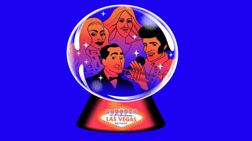 Louis Prima, Elvis Presley, Celine Dion and Lady Gaga in a snow globe labeled Welcome to Fabulous Las Vegas, Nevada