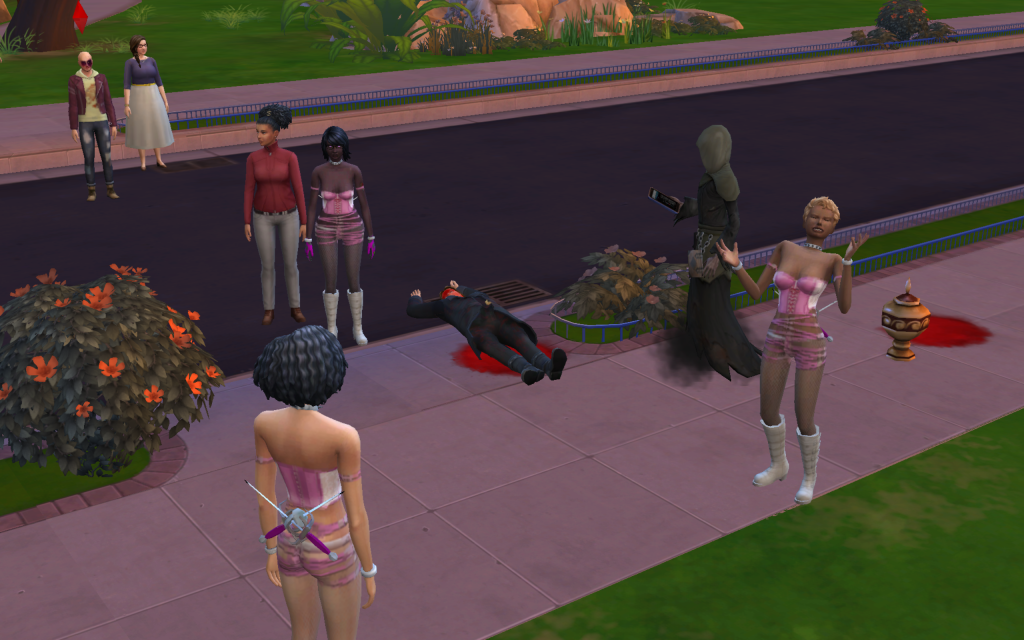 An image of a dead with the Grim Reaper hovering over them, surrounded by horrifies Sims