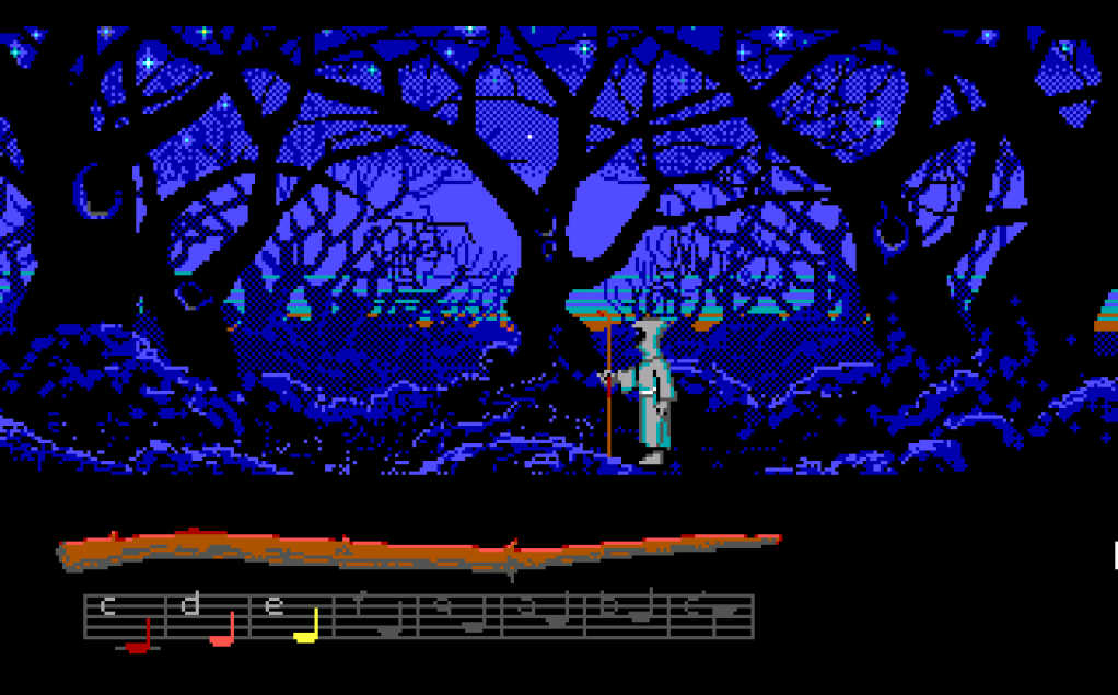 A lone wizard in a gray cloak stands in a menacing, pixelart forest of gnarled branches in deep night