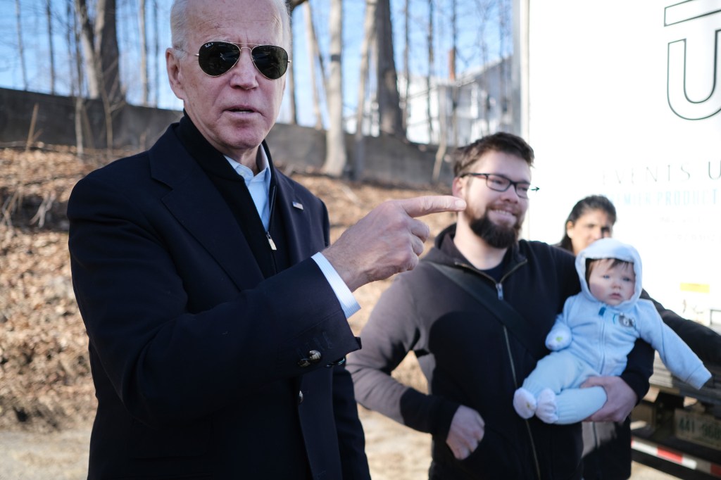 Democratic presidential candidate former Vice President Joe Biden greets a supporter on February 05, 2020 in Somersworth, New Hampshire.