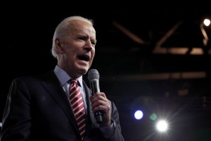 Democratic presidential candidate former Vice President Joe Biden speaks during the 100 Club Dinner at SNHIU on February 08, 2020 in Manchester, New Hampshire.