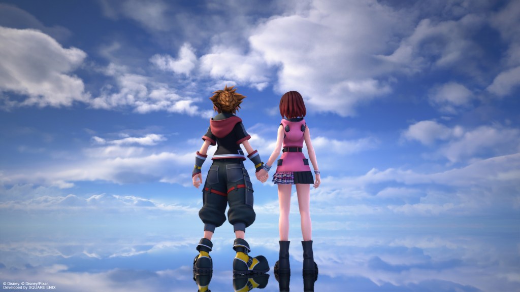 Screenshot from Kingdom Hearts III Re Mind trailer, Sora and Kairi hold hands in the Final World