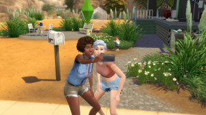 Two Sims from The Sims 4 are taking a selfie.