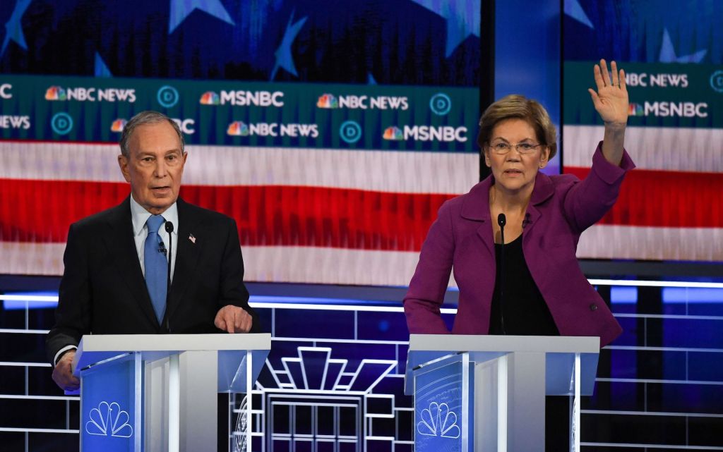 Democratic presidential hopefuls Former New York Mayor Mike Bloomberg and Massachusetts Senator Elizabeth Warren participate in the ninth Democratic primary debate of the 2020 presidential campaign.