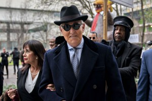 Roger Stone, former adviser to Donald Trump's presidential campaign, center, and his wife Nydia Stone arrive at federal court in Washington, D.C., U.S., on Thursday, Feb. 20, 2020.