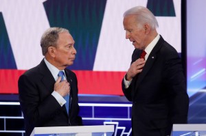 Democratic presidential candidates, former New York City Mayor Mike Bloomberg, left, and former Vice President Joe Biden talk during a break in a Democratic presidential primary debate Wednesday, Feb. 19, 2020, in Las Vegas, hosted by NBC News and MSNBC.