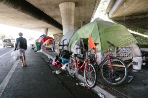 A homeless encampment under a freeway.