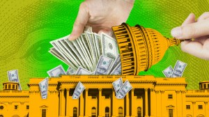 A collage showing a pair of hands putting money inside the U.S. Capitol building.