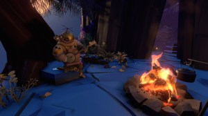 Screenshot from Outer Wilds, a person in a space suit is playing a banjo next to a campfire under a tree.