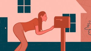 Illustration of woman looking in her mailbox for Aid Access abortion pills