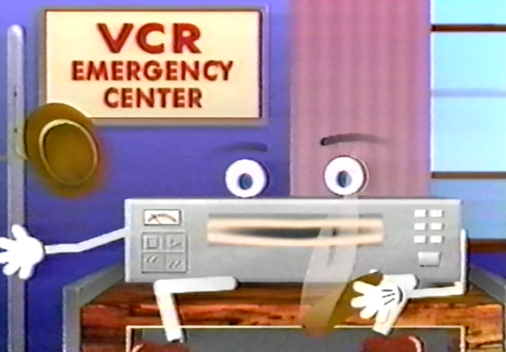 A cartoon VHS tape explaining how to clean a VCR.