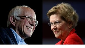 A split image of Bernie Sanders and Elizabeth Warren.