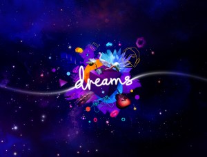 Dreams ket art, cursive text "dreams" over an explosion of shapes,brush strokes, and a few solid items like a car, a guitar, and a bird on a branch.