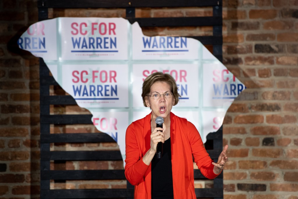 Democratic presidential candidate Sen. Elizabeth Warren (D-MA) addresses a crowd during a canvassing kickoff event at The Rutherford February 28, 2020 in Greenville, South Carolina. South Carolinians will vote in the Democratic presidential primary Saturd