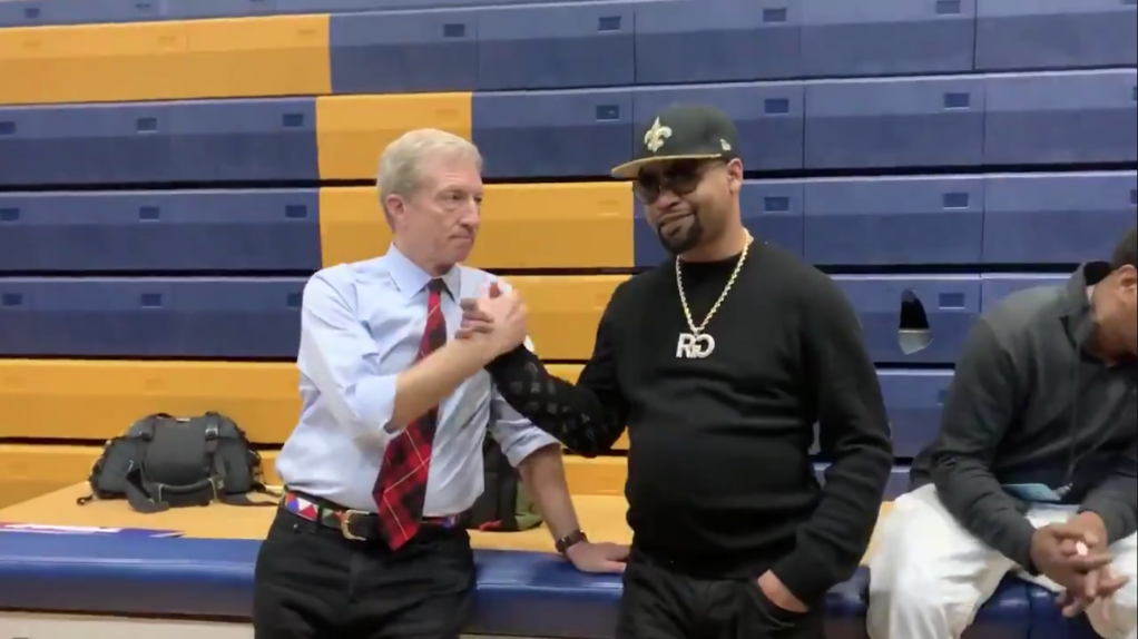 Billionaire Tom Steyer confirming his bro status with rapper Juvenile before a paid performance (and endorsement!) in Columbia, South Carolina, Feb. 28, 2020.