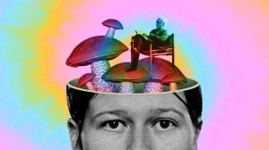 Person's head opens up to rainbow mushrooms and a therapist sitting in a char