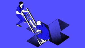 An illustration of a man being helped out of a medical cross–shaped hole by a ladder.