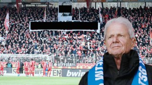 Eine Collage mit Dietmar Hopp und dem Banner im Stadion