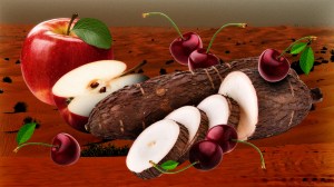 Image of an apple, cherries, and cassava root