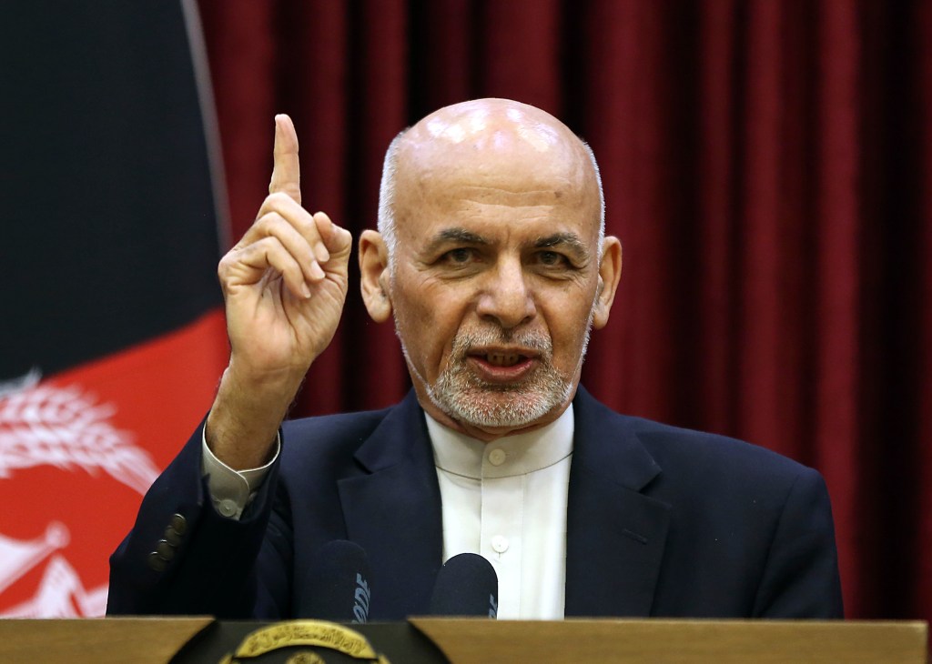 Afghan President Ashraf Ghani speaks during a news conference at the presidential palace in Kabul, Afghanistan, Sunday, March, 1, 2020.