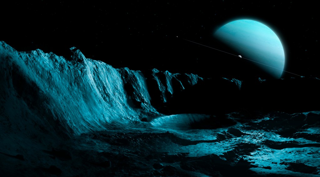 ​Concept art of Uranus from its moon Ariel. Image: MARK GARLICK/SCIENCE PHOTO LIBRARY via Getty Images