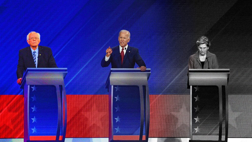 Democratic presidential candidates Bernie Sanders, Joe Biden, and Elizabeth Warren on the debate stage