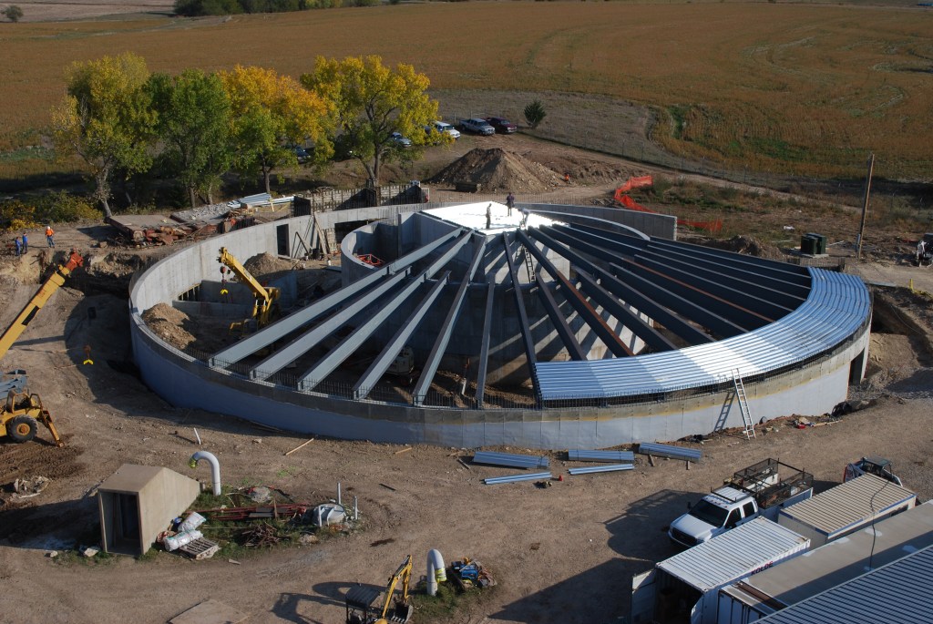 An aerial shot of an abandoned missile silo under construction to be turned into condos.