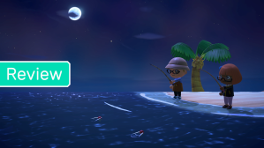 Two human Animal Crossing characters fishing at night on the ocean.