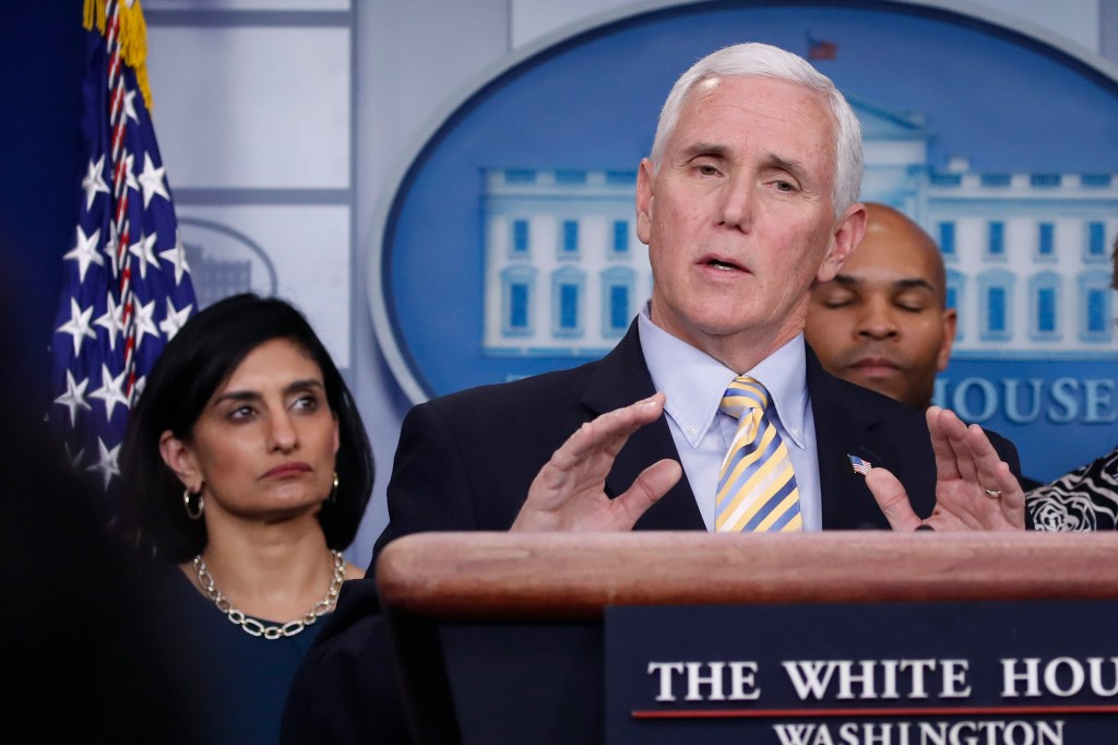 : Vice President Mike Pence speaks during a briefing on coronavirus in the Brady press briefing room at the White House, Saturday, March 14, 2020, in Washington.