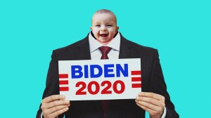 A collage of a baby in a suit holding a "BIDEN 2020" sign.