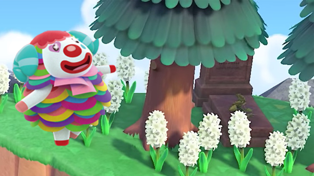 Screenshot collage from Animal Crossing: New Horizons, A tombstone restes under the shade of a tree, with terrifying Clown Ram Pietro skipping nearby.