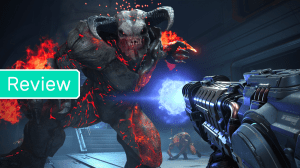 A demon gets shot with a blue bolt from a plasma rifle in Doom Eternal