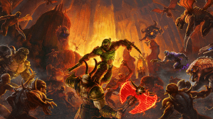 Key art for DOOM Eternal, the Doomslayer confronts a plethora of hell spawn with a shotgun and a blade mounted to his wrist.