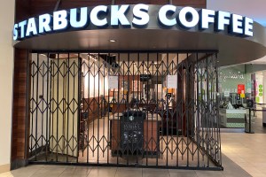 General overall view of closed Starbucks Coffee store at The Shops at Montebello mall in the wake of the coronavirus pandemic outbreak, Wednesday, March 18, 2020, in Montebello, Calif. California Governor Gavin Newsom on Thursday ordered the state's 40 mi