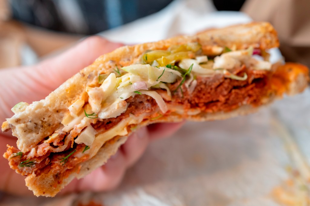 Close-up of Reuben sandwich at Mendocino Farms sandwich shop using plant-based vegan pastrami deli meat from startup Unreal Deli, San Ramon, California, February 8, 2020. (Photo by Smith Collection/Gado/Sipa USA)(Sipa via AP Images)​