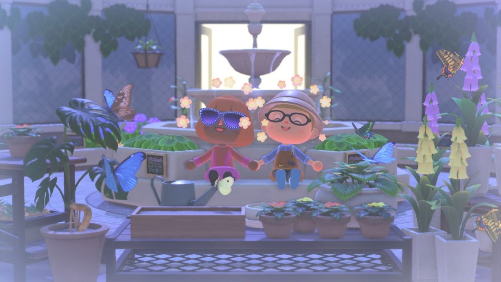 Two Animal Crossing villagers in the butterfly room of the library.