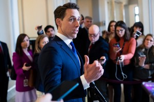 Sen. Josh Hawley, R-Mo., talks with reporters after the Senate Republican Policy luncheon in Russell Building on Tuesday, March 17, 2020.