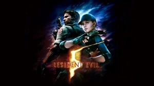 Key Art from Resident Evil 5, series protagonists Chris Redfield and Jill Valentine brandish pistols, framed against a cloudy sky, the text 'Resident Evil 5' overlayed in front of them.