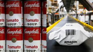 A split image of Campbell's Soup cans and an Amazon package.