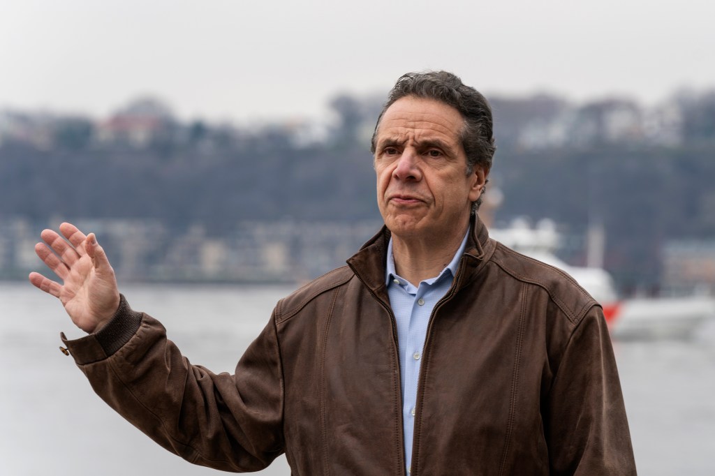 New York Gov. Andrew Cuomo speaks as the Navy Hospital Ship USNS Comfort arrives in Manhattan's Pier 90 to help relieve the strain on local hospitals with its 1,000 beds and 1,200 personnel during the Coronavirus (COVID-19) pandemic in New York City. (Pho