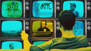 A man watching a set of retro screens that have Means TV's new programming on them