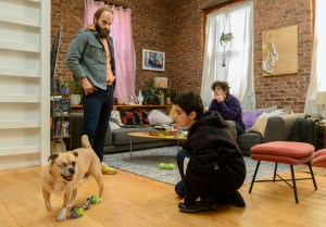 ben sinclair, rachel kaly, chris roberti, and a one-eyed dog in "soup," the season finale of season 4 of hbo's high maintenance