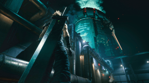 Screenshot from Final Fantasy VII Remake, Cloud Strife, protagonist with a large sword on his back, looks up at the smoke stack of a Mako reactor.