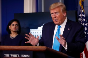 President Donald Trump speaks about the coronavirus in the James Brady Press Briefing Room of the White House, Tuesday, April 7, 2020, in Washington.