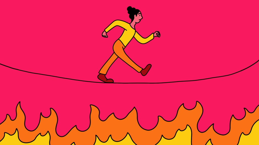 Illustration of person walking on a tightrope above a fire pit