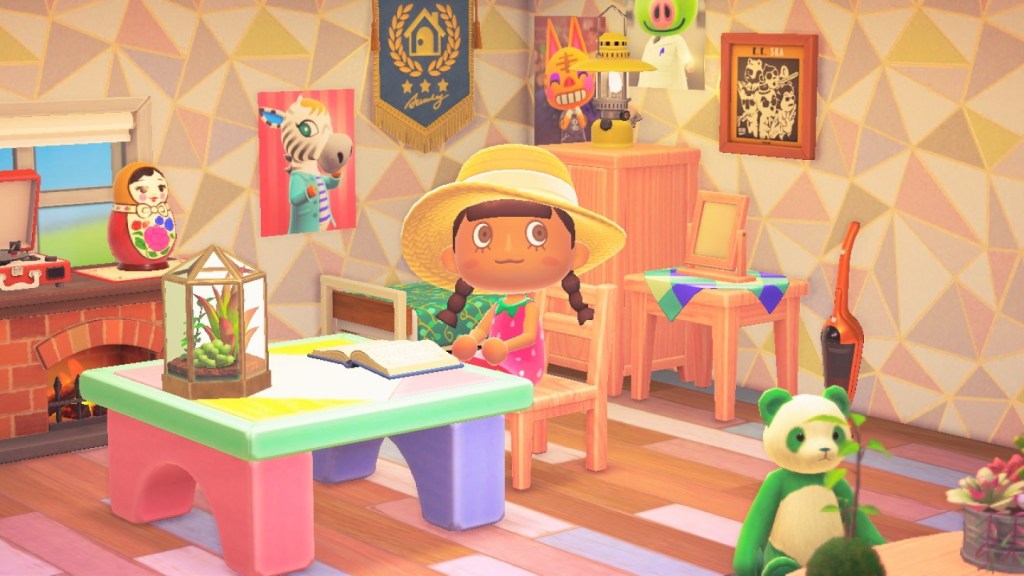 An Animal Crossing villager inside their home, reading a book.