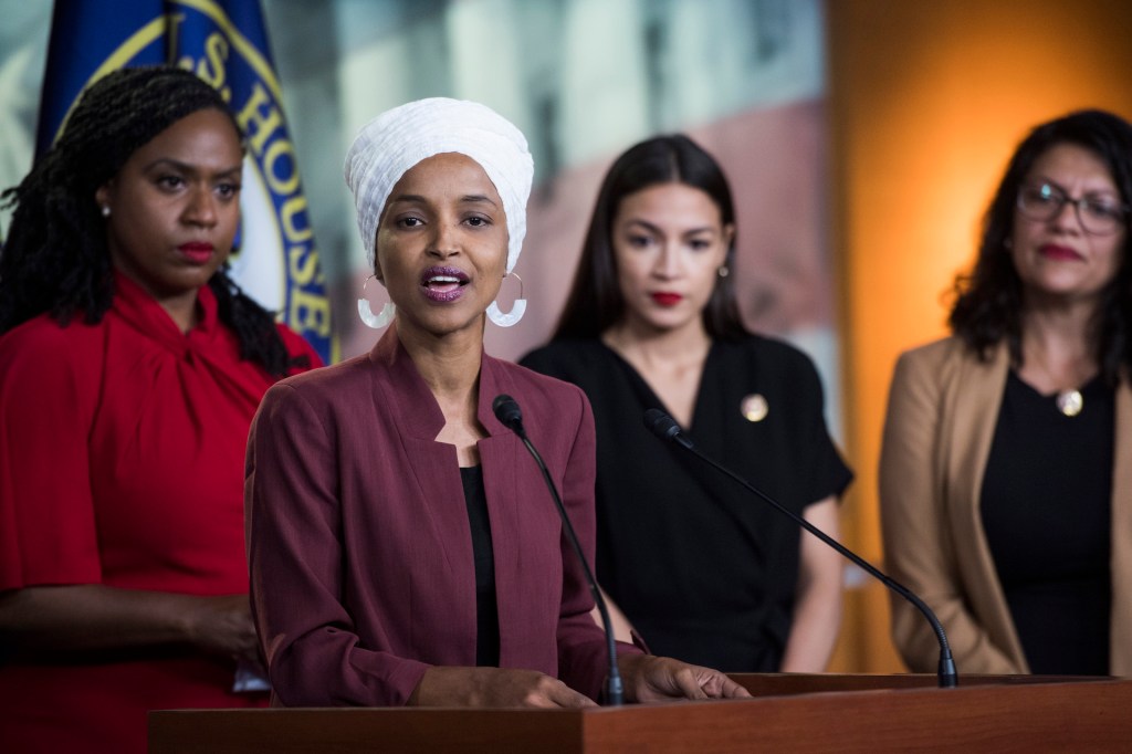 Reps. Ayanna Pressley, D-Mass., Ilhan Omar, D-Minn., Alexandria Ocasio-Cortez, D-N.Y., and Rashida Tlaib, D-Mich., conduct a news conference in the Capitol Visitor Center